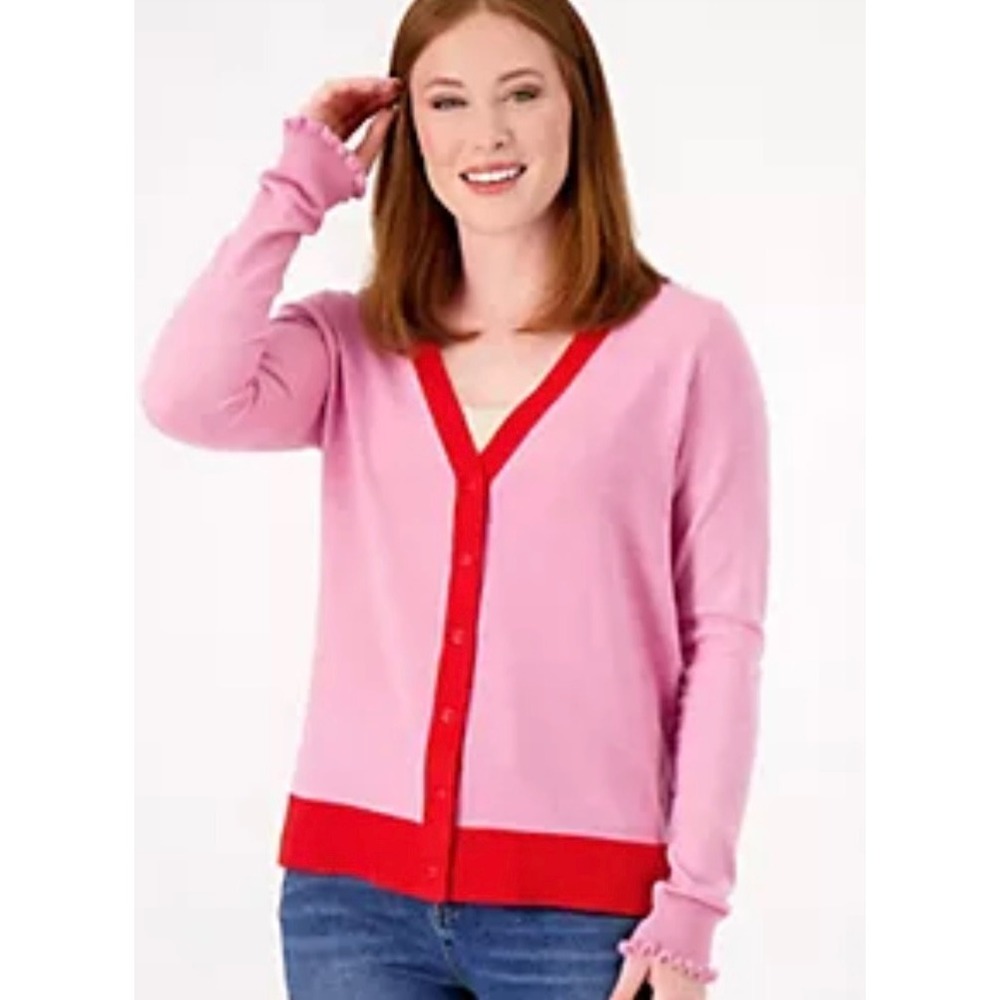 Candace Cameron Bure Pink‎ Red Colorblock Ruffle Cuff V-Neck Cardigan Sweater XS